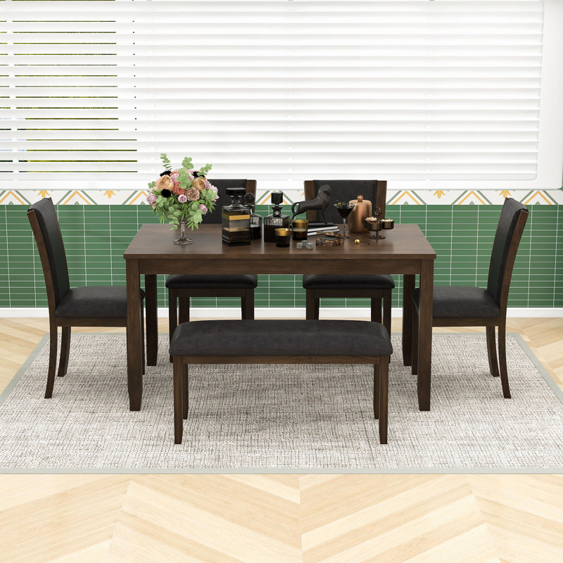 Ensemble de table de salle à manger 6 pièces avec banc et chaises, Noyer foncé
