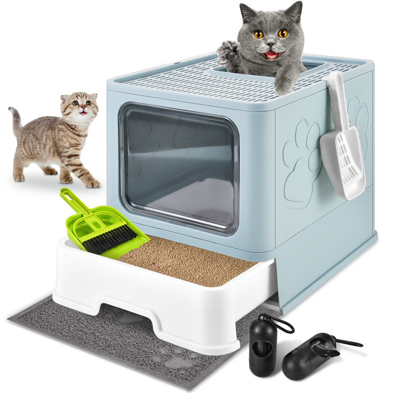 Très grand bac à litière pour chat avec tapis, bac à litière standard fermé en plastique, entrée et sortie à sens unique