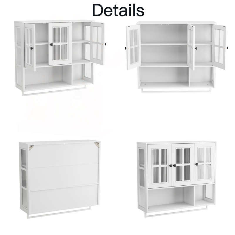 Armoire murale moderne en bois à 3 portes avec rangement ouvert et caché, porte en verre et porte-serviettes pour une utilisation polyvalente