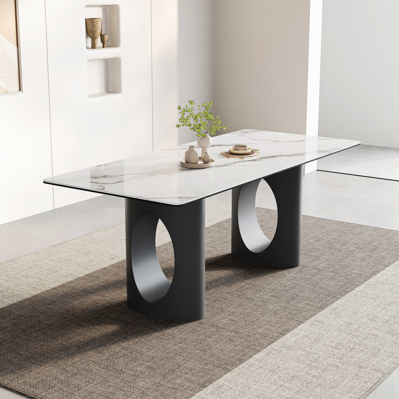 70.87" Stone Top Dining Table with Dual Oval Pedestal Metal Base, Seats 6–8, Black