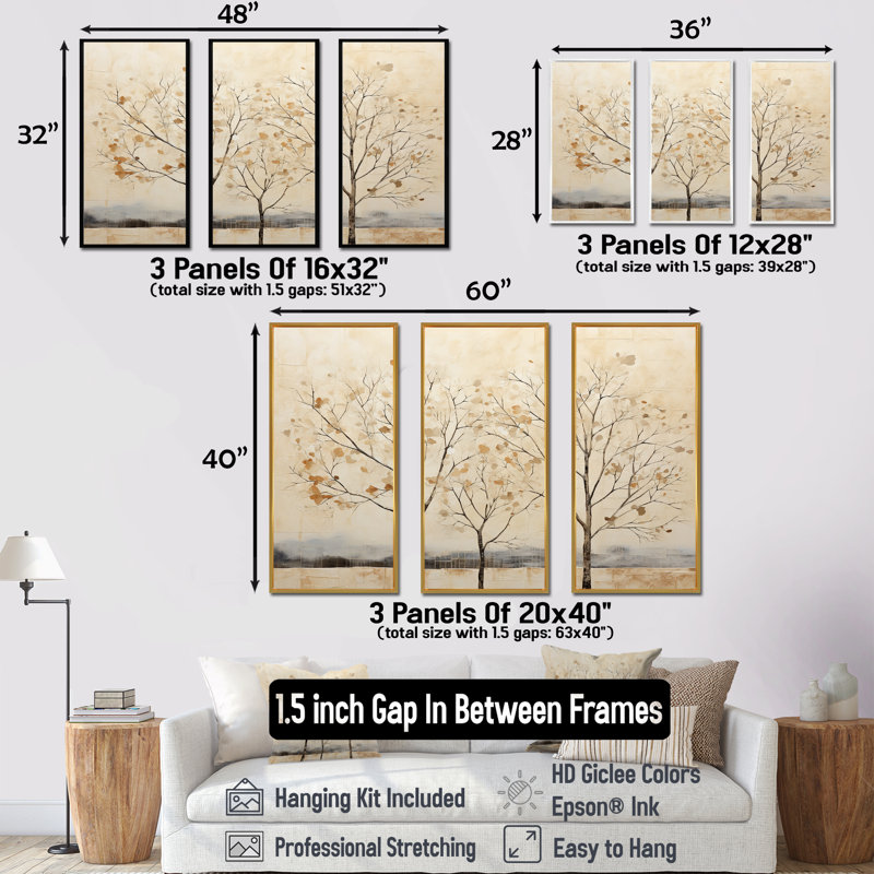 «Beige Trees» Harmony V - ensemble de reproduction d'art mural arbre, Cadre flottant doré, H 40 po x l 60 po x P 1 po