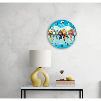 Horloge murale en verre trempé Vibrant Birds, art animalier fantaisiste, cadeau de décoration moderne pour les amoureux de la nature