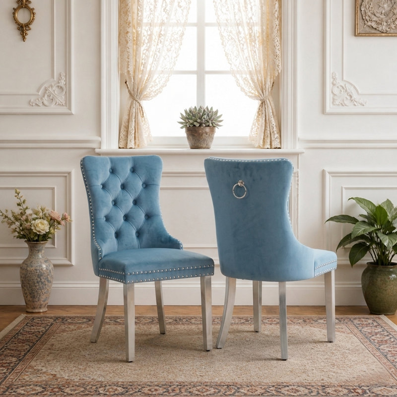 Chaise de salle à manger moderne en velours avec dossier capitonné et garniture cloutée (lot de 2)