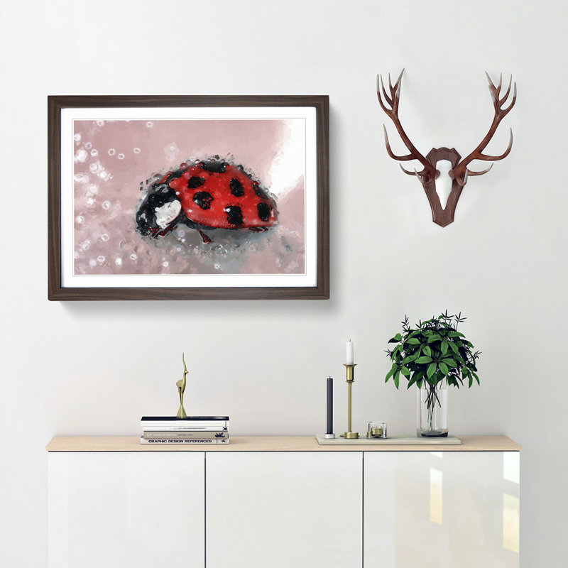 Red Ladybird Insect on a Pink Petal in Abstract - Picture Frame Painting Print, Walnut Framed, 27cm H x 36cm W x 2cm D
