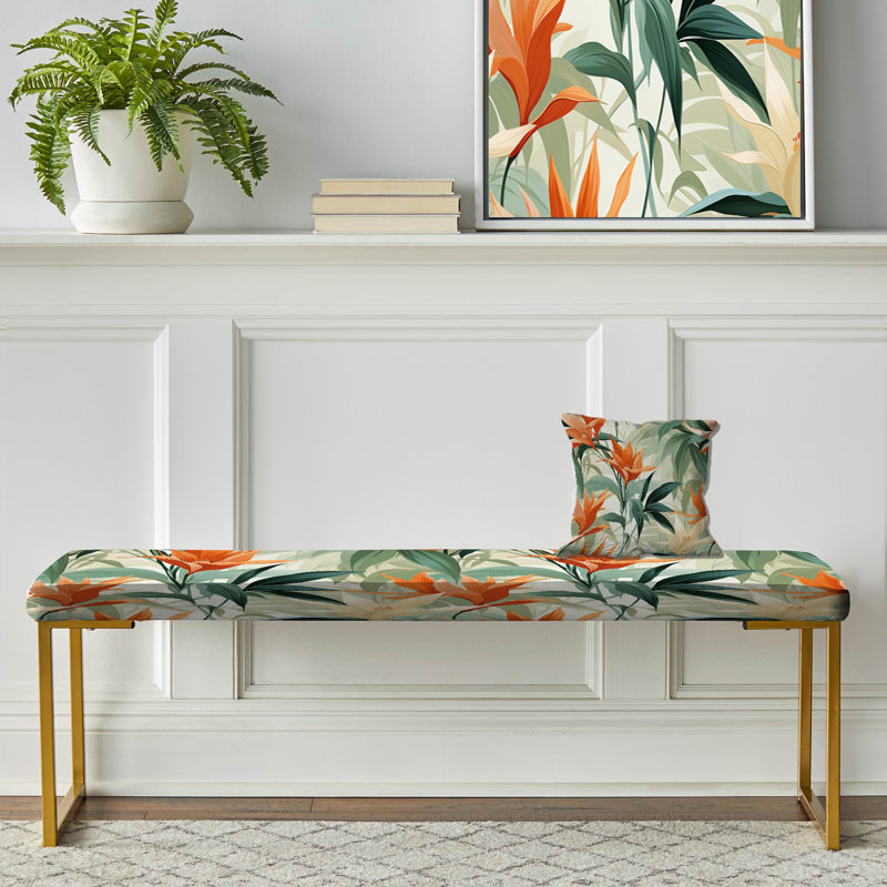 Motif tropical de mirage vert et orange en bambou - banc rembourré doré