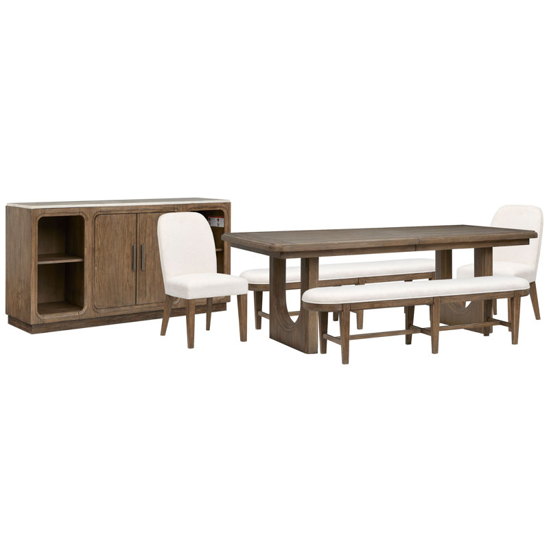 Table de salle à manger extensible à tréteaux avec 2 bancs, 2 chaises et un buffet