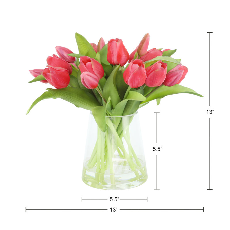 Real Touch Tulips in Glass Vase, Dark Pink
