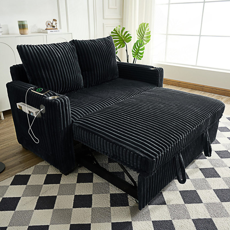 Sleeper Sofa Couch With Pull Out Bed, Modern Convertible Sleeper Sofa Bed, Small Love Seat With Pillows & Side Pockets, Black