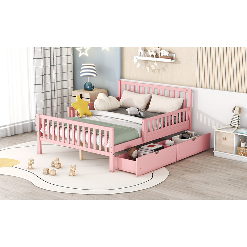 Full Size Wood Platform Bed With Guardrails On Both Sides And Two Storage Drawers ,Pink, Pink, Full