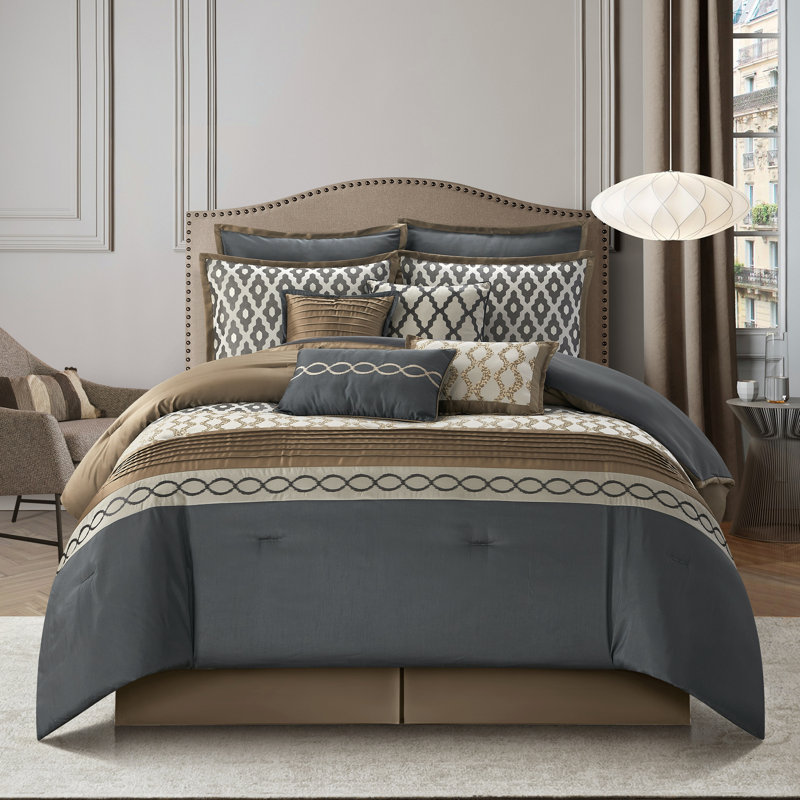 Ensemble d'édredon 10 pièces Caval, Édredon surdimensionné + 9 pièces supplémentai, Gris / taupe / blanc