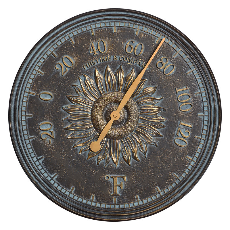 16" Bronze Verdigris Sunflower Outdoor Wall Clock and Thermometer Set