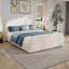 Structure de lit plateforme avec tête de lit tapissier recouverte de lin, pieds en bois massif de couleur beige, aucun sommier tapissier requis avec support à lattes de bois, design moderne et élégant pour la chambre à coucher-1945795396
