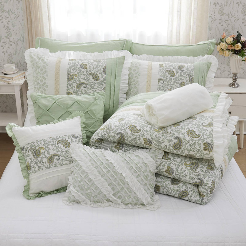 Cotton Percale Comforter 9 Piece Set, King Comforter + 8 Additional Pieces, Sage Green