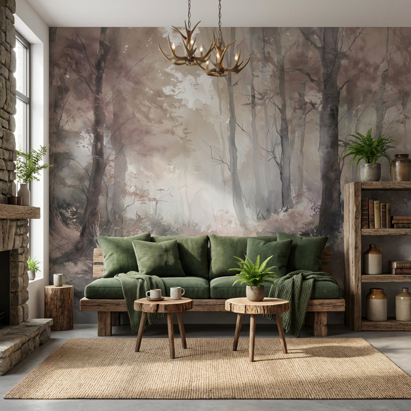 Murale forêt avec ruisseaux, Peler et coller, L: 112 po x H: 72 po