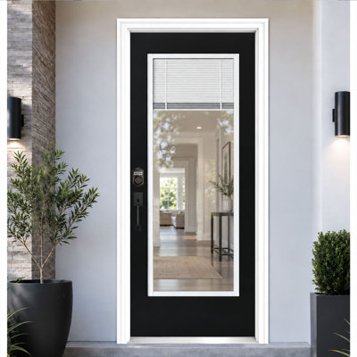 Porte d'entrée noire 32 po x 80 po avec stores, ouverture à droite vers l'intérieur, modèle démontable, cadre en vinyle et moulure de brique de 4-9/16 po