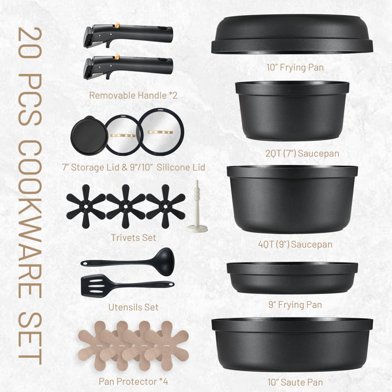 Carote X Leila  Premium 20-piece Cookware Set, Nonstick Set With Versatile Detachable Handle, Oven/dishwasher/fridge Safe, Induction Rv Set