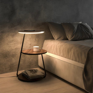 Table de chevet Glownest avec lumière DEL, charge sans fil, bois de noyer, interrupteur tactile, table de chevet moderne pour la chambre à coucher