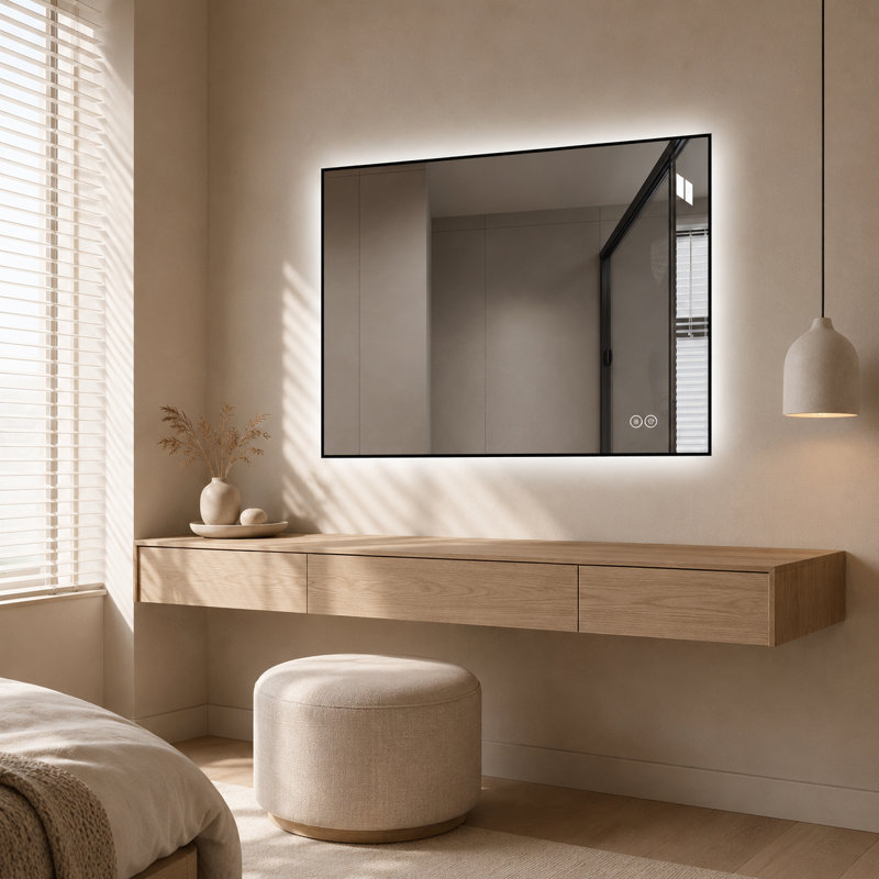Miroir de salle de bain 24 po x 32 po à DEL avec cadre en aluminium, anti-buée, fonction mémoire, fixation murale horizontale ou verticale