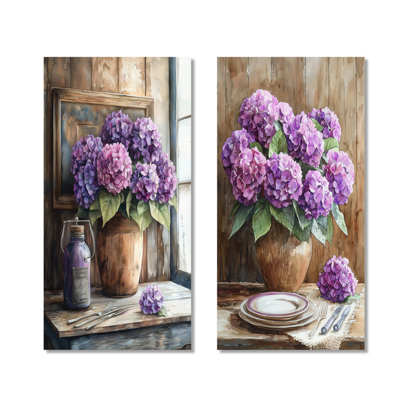 Hydrangeas Bouquet On The Farm Table I - Floral Wall Art, 2 pièces, H 28 po x l 25 po, Toile tendue