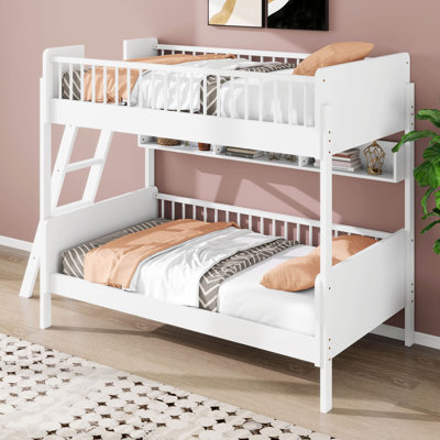 Lit superposé simple au-dessus de simple avec 3 tablettes de rangement, cadre de lit en bois avec garde-corps, l'échelle peut être changée à gauche ou à droite