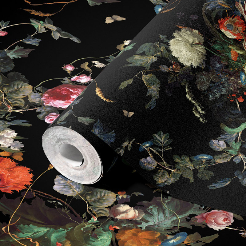 Papier peint floral foncé foncé, Noir, L 110,04 po x l 204 po
