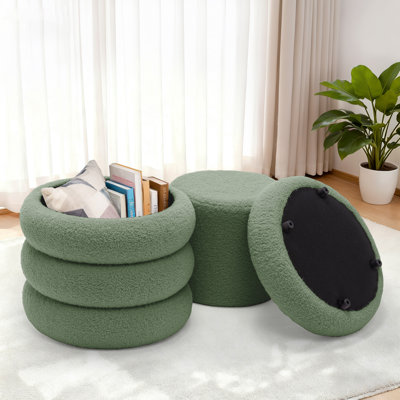 Round Ottoman , Teddy Velvet Upholstered Ottoman With Storage, Ottoman for Living Room and Bedroom(set of 2)