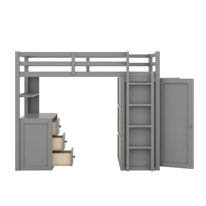 Javers Kids Twin Loft Bed with Drawers, Gray