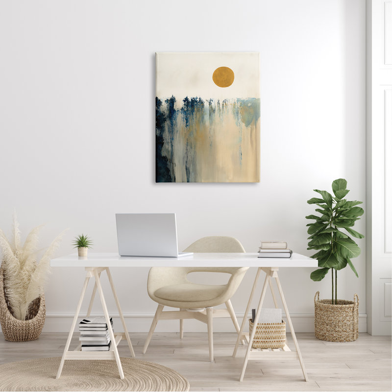 Motif abstrait de formes abstraites de paysage de soleil par Dina D''argo, L 30 po x H 40 po, Toile tendue