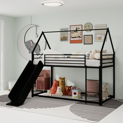 Lit mezzanine en métal avec glissade et rangement, cadre de lit demi-hauteur avec tablettes, lit plateforme peu encombrant pour la chambre à coucher