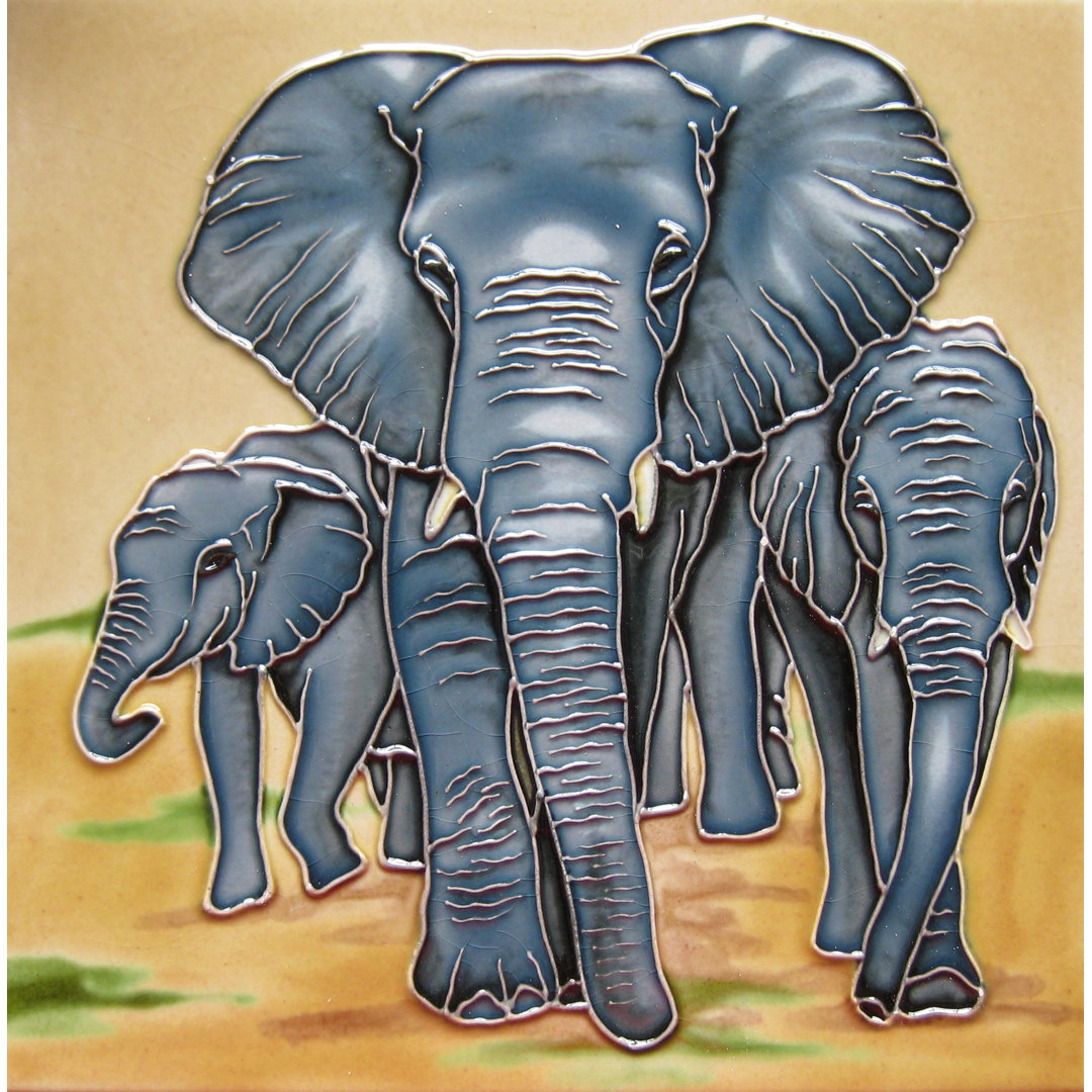 4x4" Three Elephants Ceramic Art Tile Wall Décor and Drink Holder Continental Art Center