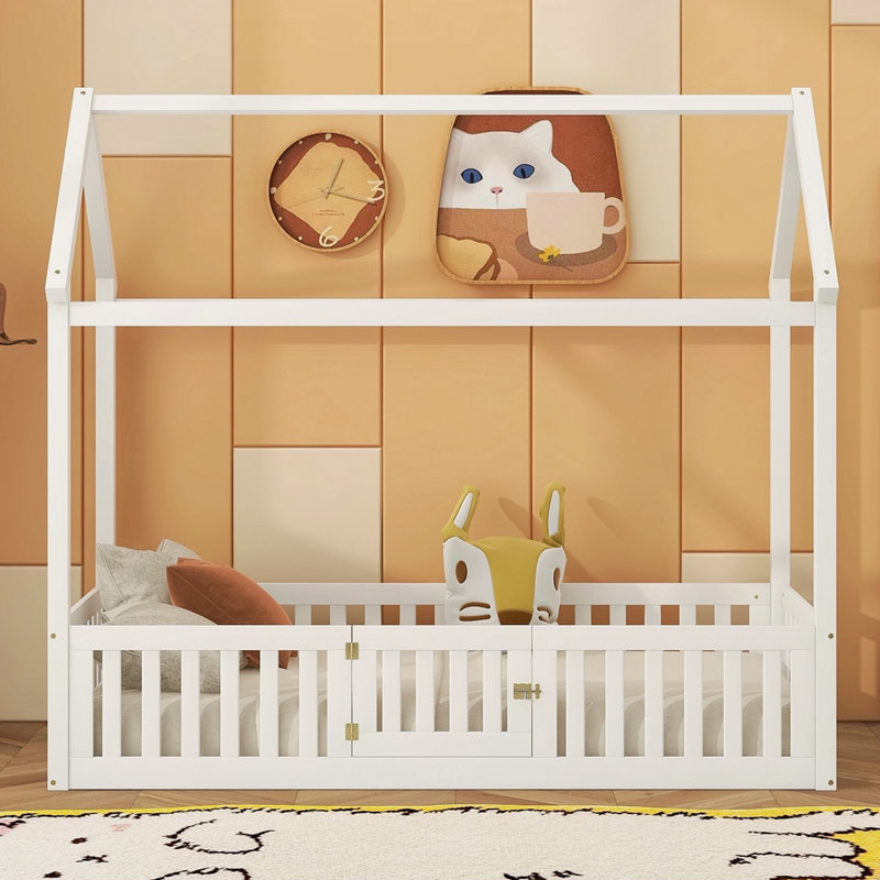 Lit en bois avec clôture et porte, Lit simple, Blanc