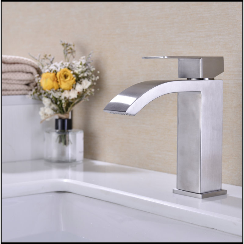 Waterfall Spout Bathroom Sink Single Handle Faucet With Pop-Up Drain (With Overflow), Brushed Nickel