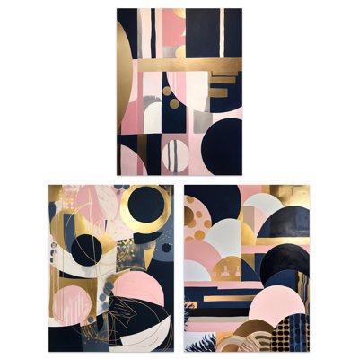 Abstract Boho Art Deco Gold Pink Navy Blue Geometric Shapes - 3 Piece No Frame Print Set