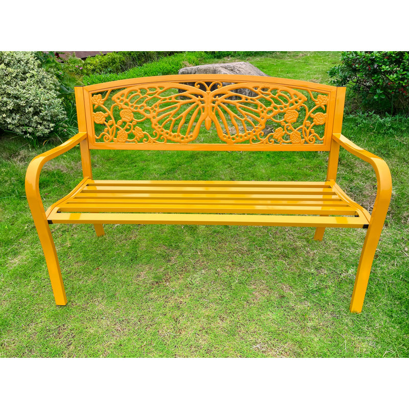  50" Outdoor Metal Garden Bench with Butterfly Backrest Design, Yellow