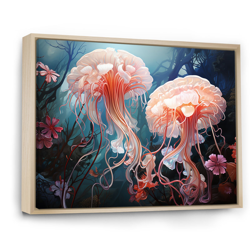 «Blue and Pink Jellyfish Dance» sur toile, Cadre naturel flottant, H 12 po x l 20 po x P 1 po