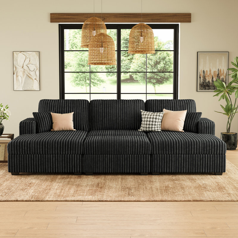 Bianca Wide Plush Corduroy 110.83 Inch Oversized Sofa Bed Storage Modular Couch, Dark Gray Corduroy