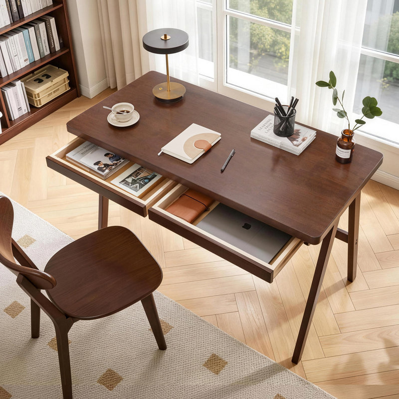 Bureau d'écriture rétro 100% bois d'hévéa massif, table d'ordinateur de bureau à domicile très épaisse de 47,24 po avec tiroir et pieds en A robustes