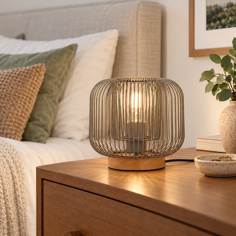 Lampe de table à cage métallique de 19,3 cm (7,6 po) avec 1 lumière réglable et base en bois