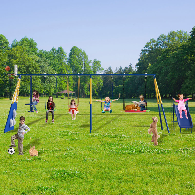 Ensemble de balançoires 8 en 1 pour cour arrière avec glissade pour enfants Ensemble de jeu en métal robuste pour enfants 550lbs