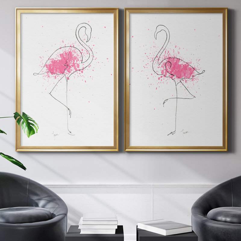 Flamingo Splash I - ensemble de 2 reproductions d'art, H 22,5 po x l 61 po x P 1,5 po, Toile encadrée dorée, Pas de tapis