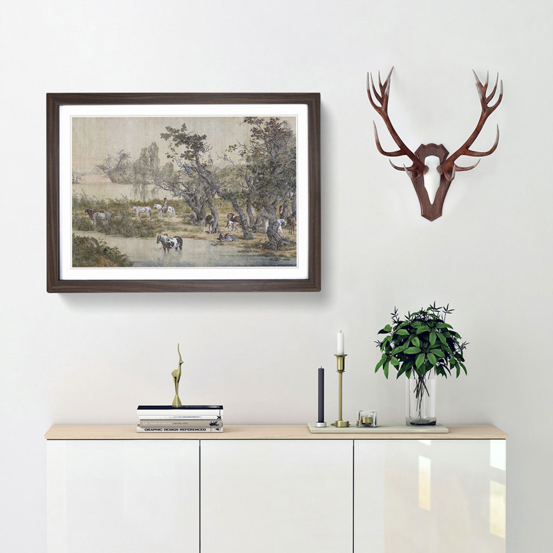 Horses by the Stream by Lang Shining - Framed Print, Walnut Framed, 27cm H x 36cm W x 2cm D