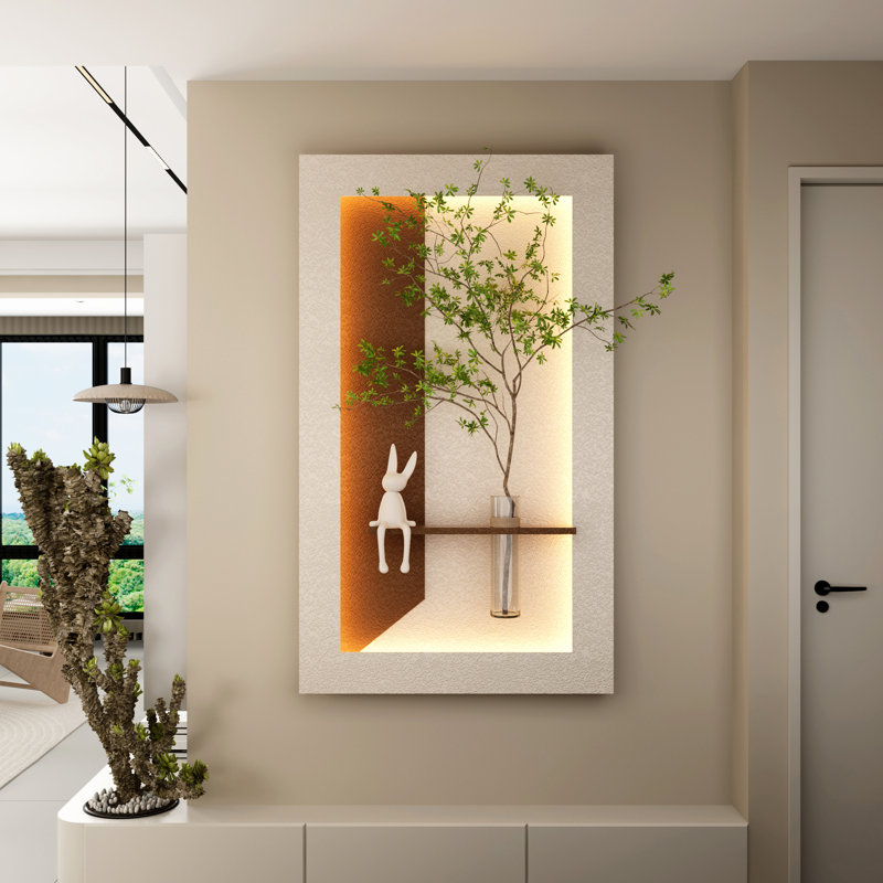 Décoration murale réglable en grès à 3 couleurs avec plantes vertes simulées - sculpture d'art 3D, vase en verre et statue de lapin, bandes lumineuses télécommandées pour le salon, la chambre à coucher, le couloir