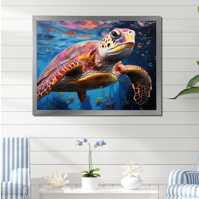 Tortue de mer pastel sur toile, H 34 po x l 44 po x P 1,5 po, Cadre simple argenté