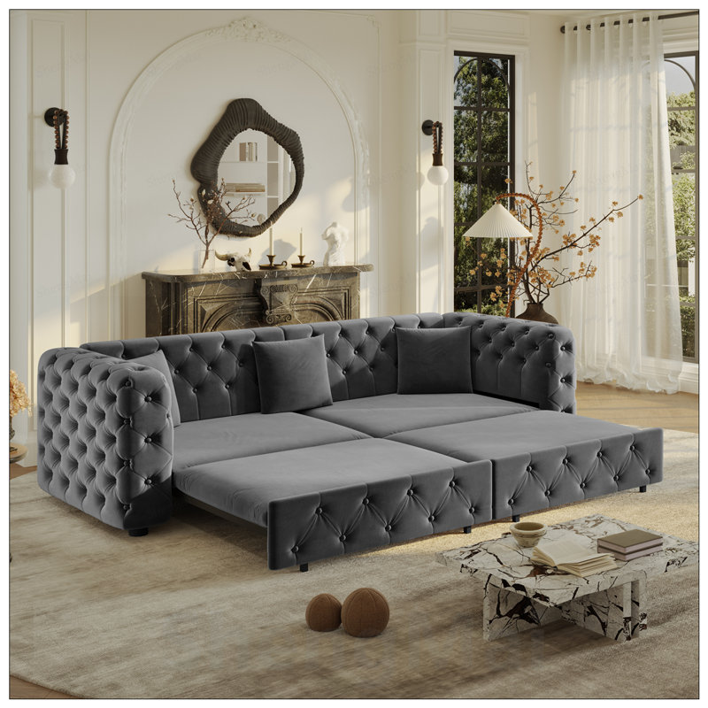 Très grand canapé-lit multifonctionnel, canapé-lit coulissant 3 en 1, canapé classique en velours 4 places avec design capitonné, comprend 3 coussins décoratifs, convient aux appartements et aux salons