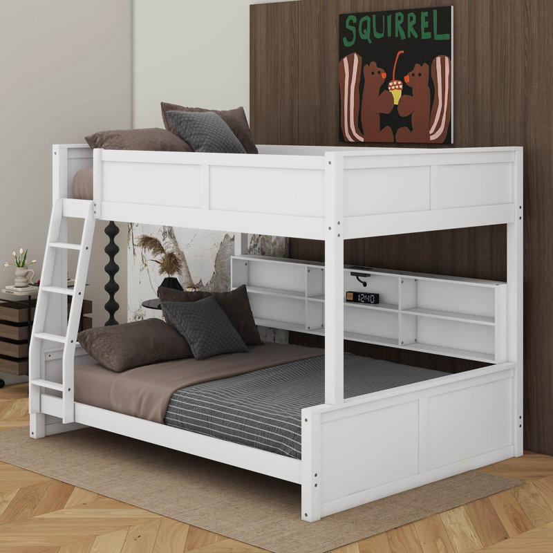 Lit superposé avec armoires de rangement et ports USB, Blanc antique, Double TG sur grand