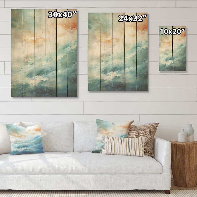 «Modern Coastal Collage Scenery I» - art mural en bois océan côtier sur bois de pin naturel, H 40 po x l 30 po