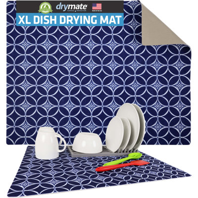 XL Dish Drying Mat, Kitchen Counter Drip Pad - Absorbent, Waterproof, Slip-Resistant, Machine Washable (19" x 24") (Indigo Blue) (USA Made)