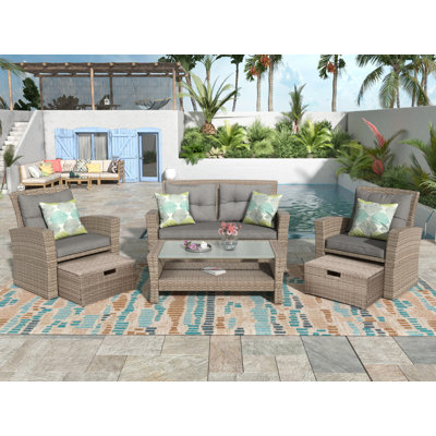 Stoyana 4 Piece Outdoor Conversation Set All Weather Wicker Sectional Sofa with Ottoman and Cushions -  Red Barrel StudioÂ®, EDEA28BAA34E4E0FB477A6AE2FF533A4