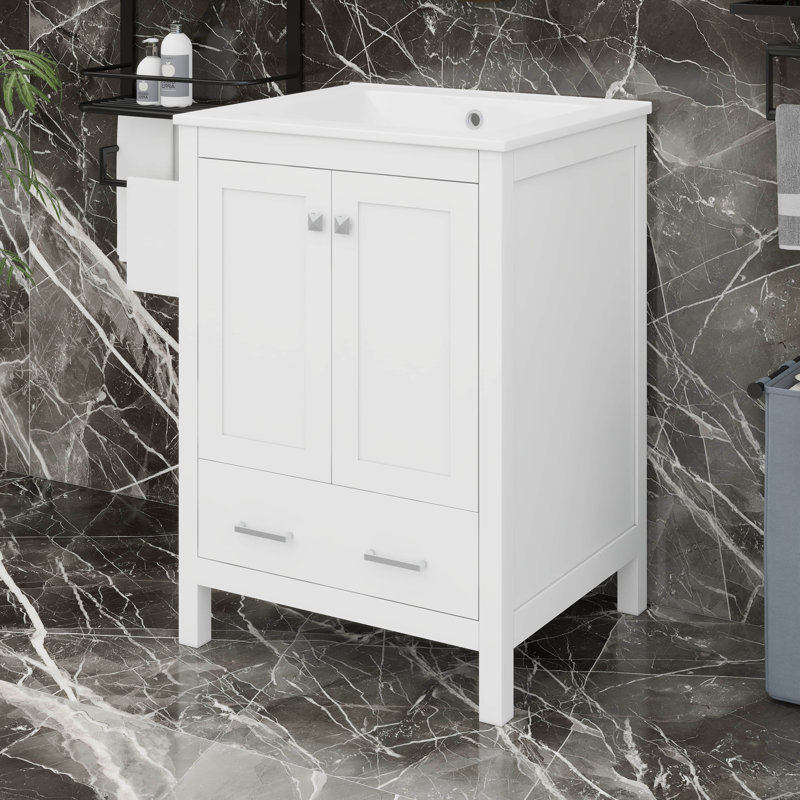 Meuble-lavabo 24 po avec lavabo, armoire de rangement avec 2 portes et un tiroir, Blanc