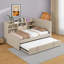 Lit plateforme tapissier simple avec port USB, prise de courant et lit gigogne, lit de jour avec tablettes, cadre de lit avec tête de lit et rangement-769029216